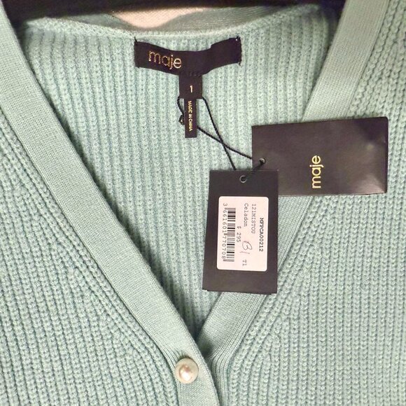 Maje Feaux-Pearl Button Knitted Celadon Cardigan - Picture 4 of 6